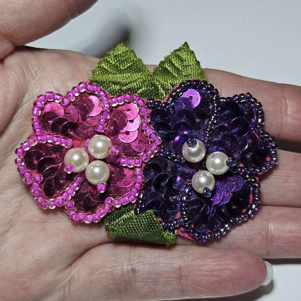 Avon Vintage Purple Pink Sequin Flower Faux Pearl Brooch Pin
